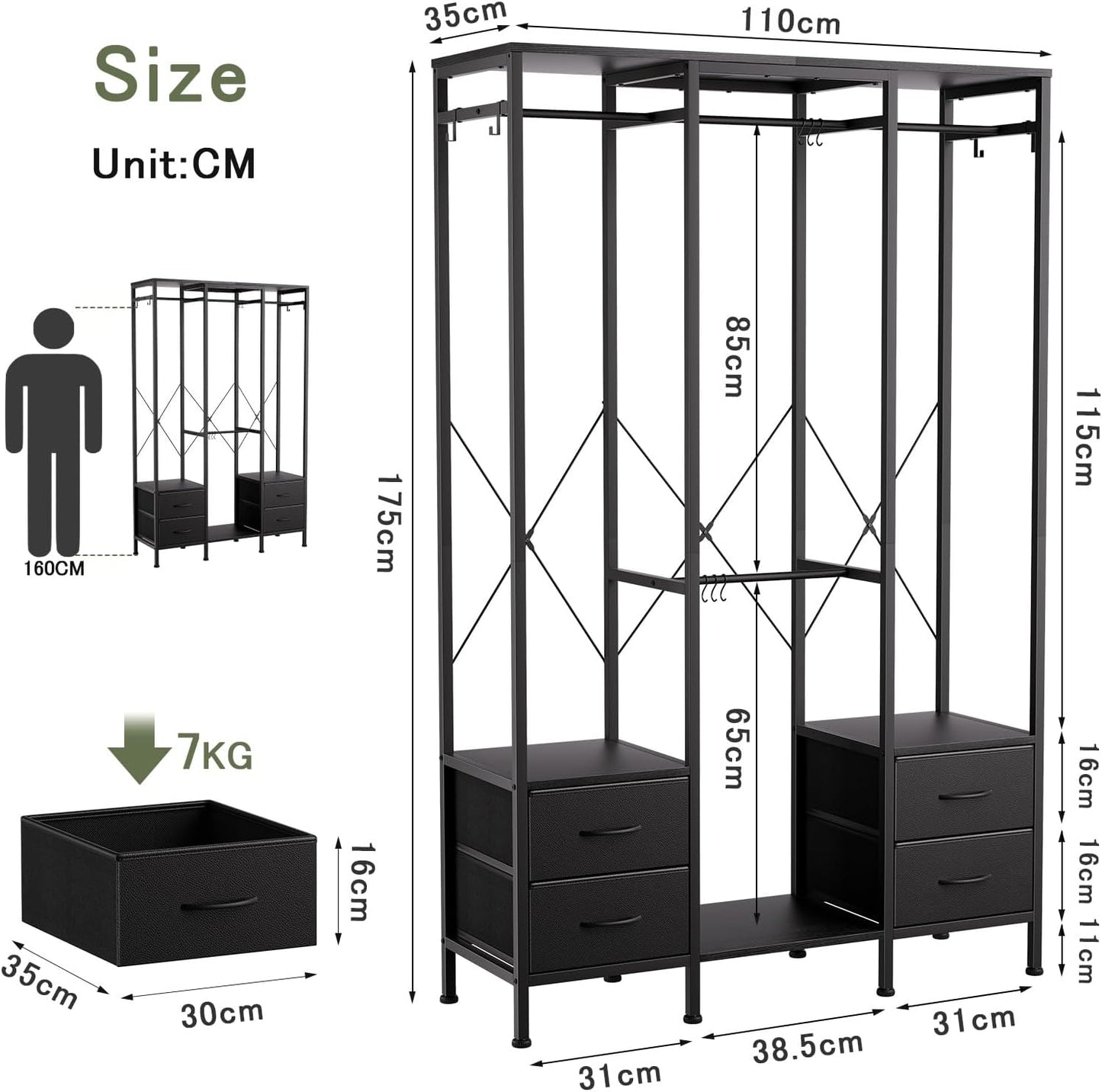 Kledingrek – Garderoberek – Kledingkast – Dressboy – Open Kast – Met Laden – Zwart Staal – Compact 110x35x175 cm