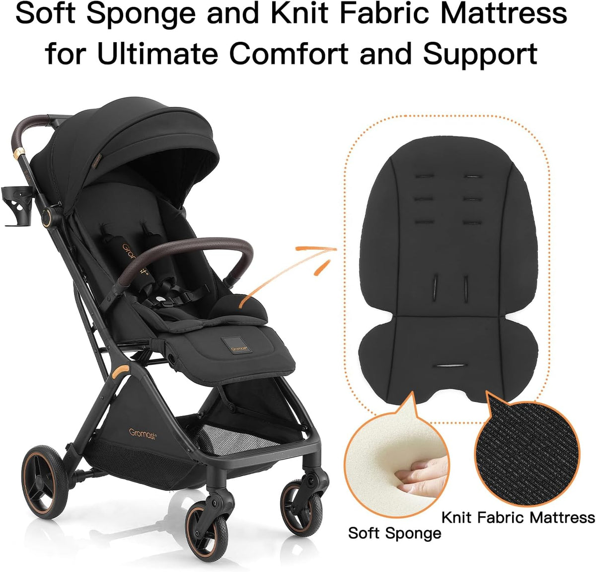 Gromast Gravity Opvouwbare babybuggy met verstelbare rugleuning en zonnedak, lichtgewicht en uv-bescherming, met één hand automatisch inklapbaar, zwart