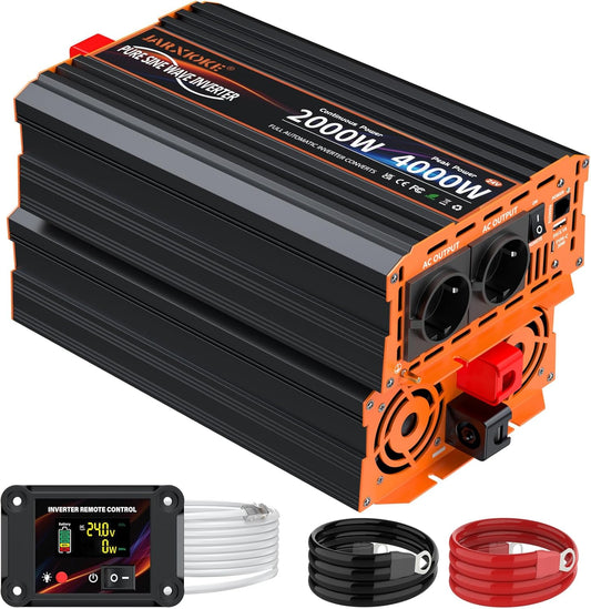 2000 W omvormer, 24 V naar 230 V, zuivere sinus, spanningsomvormer, omvormer met 2 EU-stopcontacten, 30 W USB-C, 5 V 3,1 A USB, LCD-afstandsbediening, voor caravans, vrachtwagens, zonne-energie