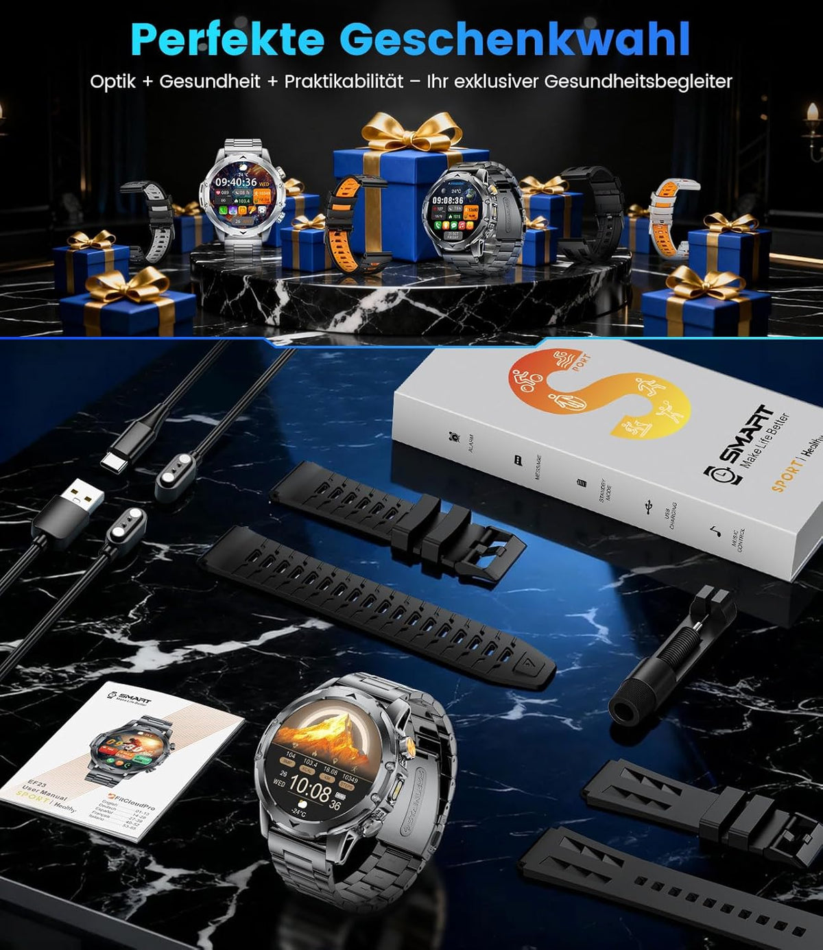 Smartwatch voor heren met oproepen/1000 mAh accu voor Android iOS, 1,53 inch HD groot touchscreen, militair smartwatch met 24 uur hartslag/110 sportmodi, IP68 waterdichte zaklamp, fitnesshorloge, 3