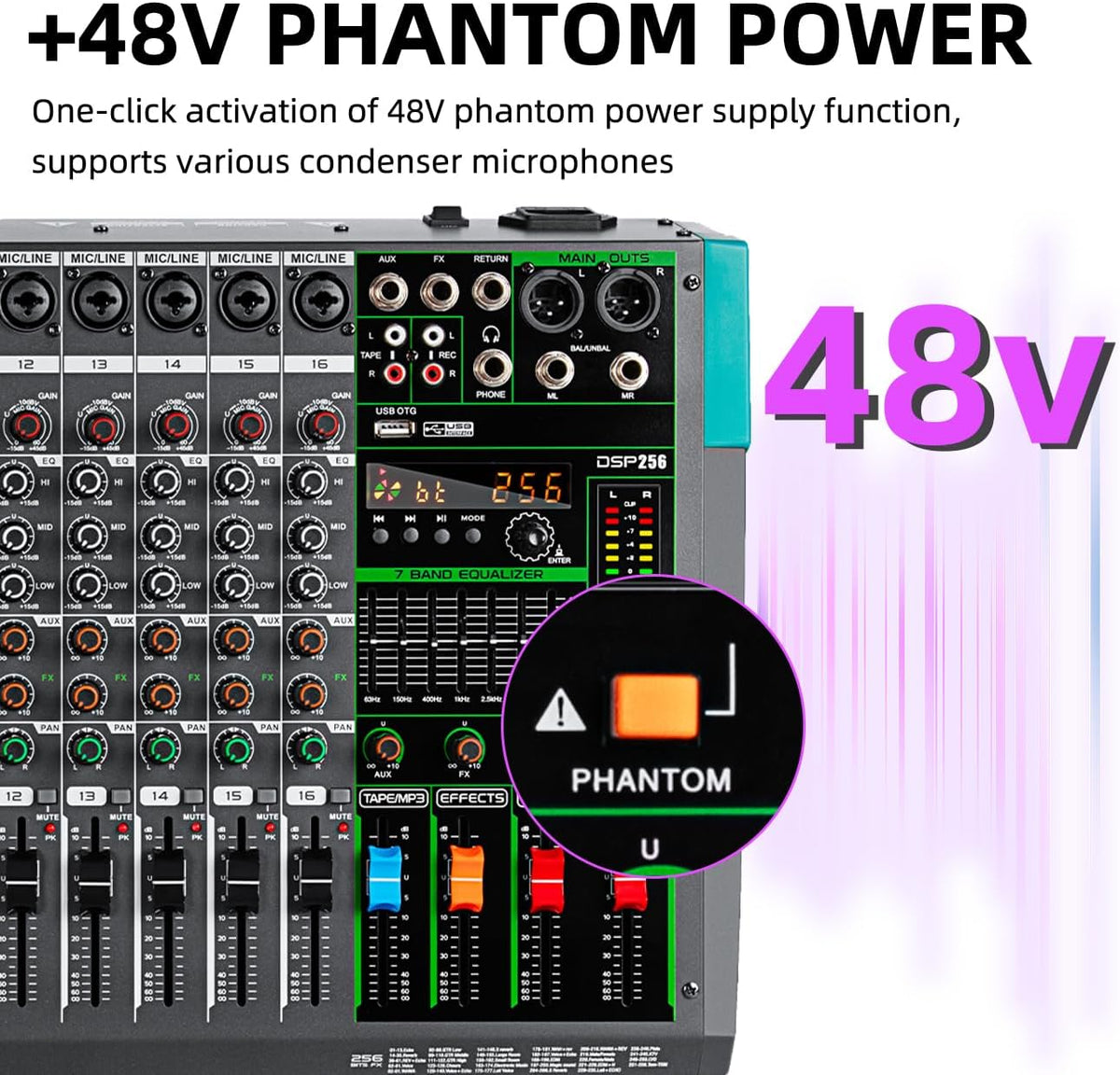 Depusheng PA16 Professionele Audio Mixer Soundboard Console Interface 16 Kanaals Digitale USB Bluetooth MP3 Computer Input 48V Fantoomvoeding Ingebouwde 99 Reverb Effect