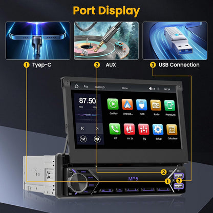 Hikity 1 Din autoradio met 7 inch flip-out gemotoriseerd touchscreen autoradio met Bluetooth radio achteruitrijcamera Mirror Link USB AUX MIC