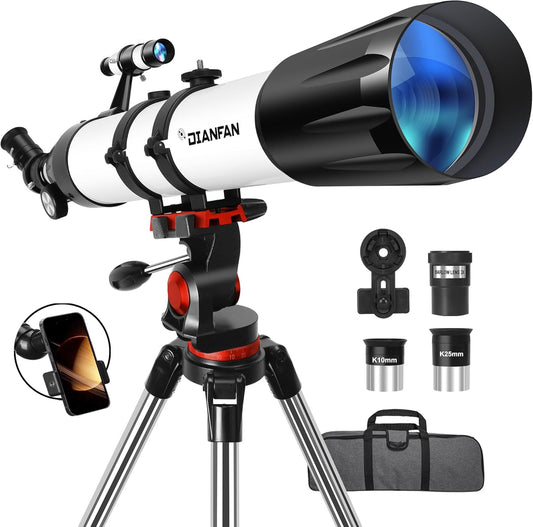 Dianfan Telescoop, 90 mm Opening, 800mm Telescoop Astronomie voor Volwassenen, 32X-240X Refractor Telescopen voor Kinderen en Beginners met Telefoonadapter, AZ Montuur, Statief en Draagtas