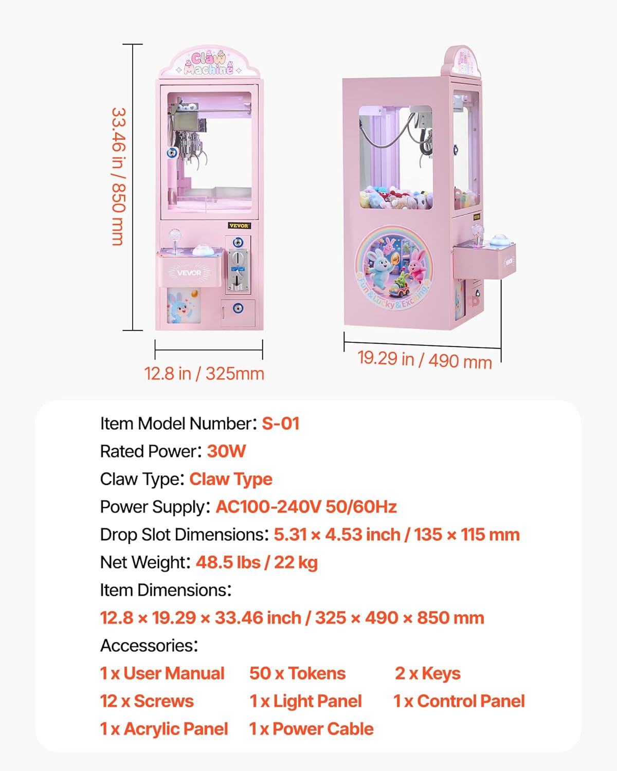 VEVOR Klauwmachine voor meetspellen, 30 W, met licht- en geluidseffecten, stalen klauwmodus, compatibel met pluche dieren van 40 tot 80 mm, ideaal voor thuisbioscopen en games, roze