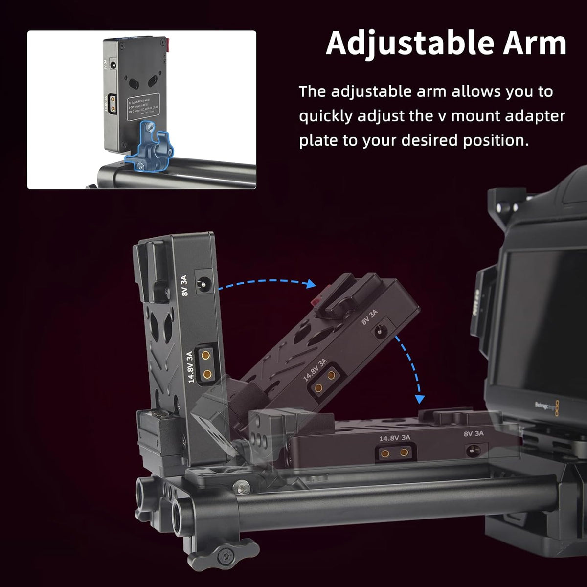 Nitze V-Mount Batterijplaat met 15 mm Staafklem en Verstelbare Arm, V Montageplaat 8V/3A DC, 14.8V/3A D-tap en PD 3.0 USB-C-Uitgangspoorten V Mount Battey Adapter - N21-D7B