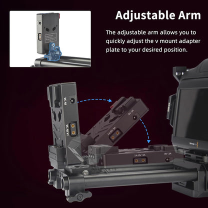 Nitze V-Mount Batterijplaat met 15 mm Staafklem en Verstelbare Arm, V Montageplaat 8V/3A DC, 14.8V/3A D-tap en PD 3.0 USB-C-Uitgangspoorten V Mount Battey Adapter - N21-D7B