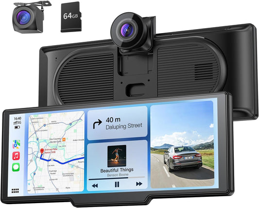 9.26" Draadloze Draagbare Car Play-scherm met 4K Voor- & HD Achter Dual Dash Cam voor Apple CarPlay & Android Auto met OTA Updates, Mirror Link, 5.0 Bluetooth, Spraakbediening, GPS Navigatie