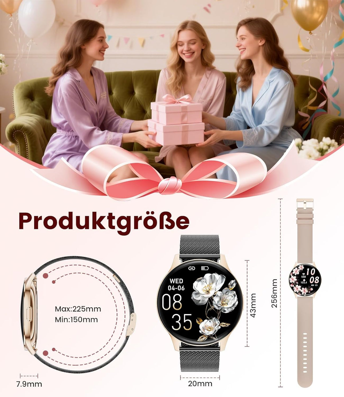 DREMAC Smartwatch voor dames met bluetooth-oproep/1,43 inch Amoled smartwatch met 120 sportmodi, 24/7 hartslagmonitor, stappenteller/SpO2/slaap, compatibel met Android iOS