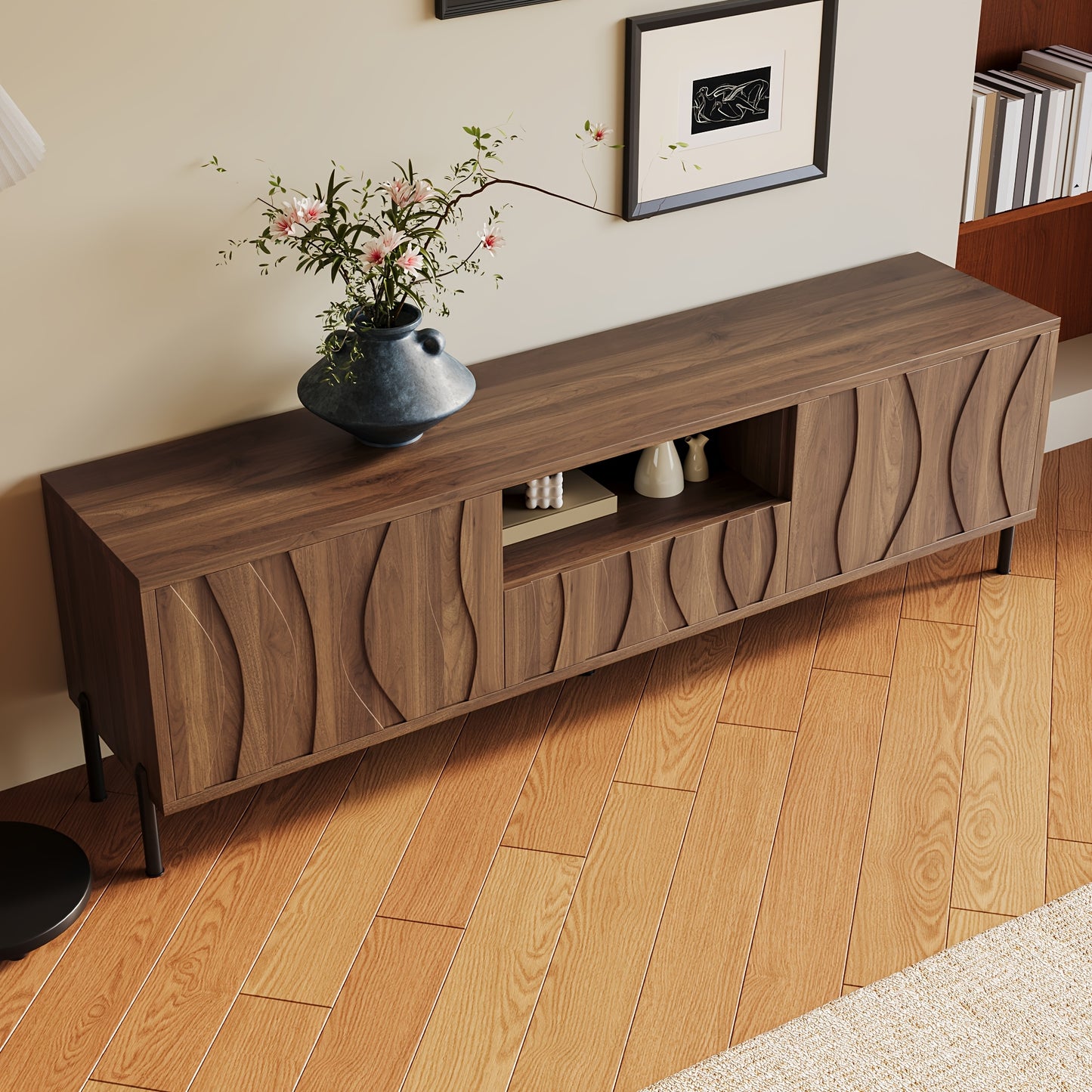 TV-meubel – TV-kast – Lowboard – Dressoir – Media meubel – 3D Gestreept – Bamboe – Laag Ontwerp – Vloerplaatsing
