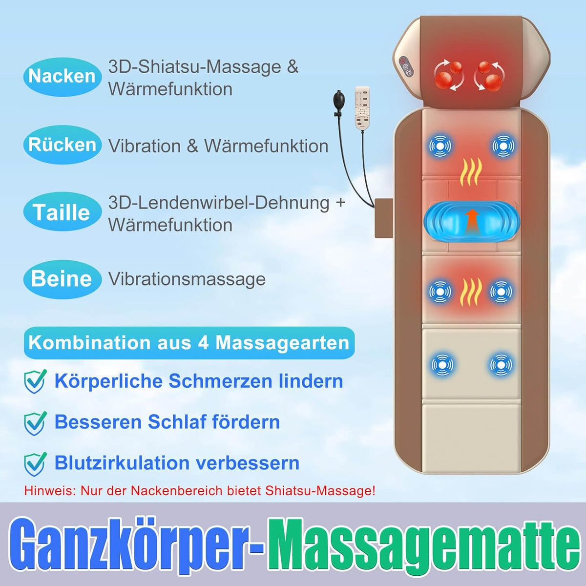 Massagemat voor het hele lichaam met warmte – Rugmassagepad – Massagekussen – Massagematras – Ontspanningsmat – 4 Massagemodi – 3D-Lendenwerveltractie – Verstelbare Taille voor 1,5 M - 1,8 M