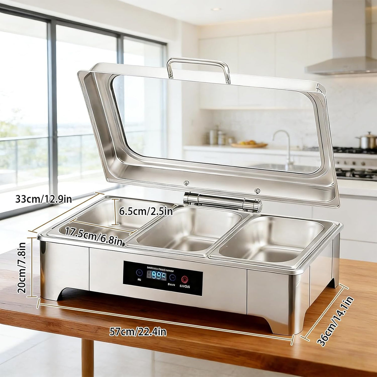 Maaltijd Chafing Dish, 9L roestvrij staal voedselwarmer met zichtbaar glazen deksel, 3 stuks roestvrij stalen warmhoudbakken voor feesten, bruiloften, buffet en feestjes (3 sets 1/3+1/3+1/3 GN