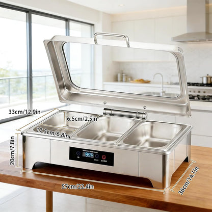 Maaltijd Chafing Dish, 9L roestvrij staal voedselwarmer met zichtbaar glazen deksel, 3 stuks roestvrij stalen warmhoudbakken voor feesten, bruiloften, buffet en feestjes (3 sets 1/3+1/3+1/3 GN