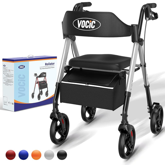 VOCIC Rollator, opvouwbaar en licht, met zitje, Rollators Smal voor woning, Rollatoren voor senioren Opvouwbaar met 20 cm banden voor alle terreinen, zitje en handvat in hoogte verstelbaar, zilveren