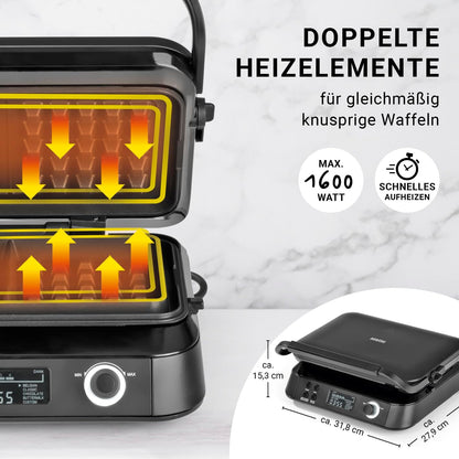 Premium Wafelijzer in de Midnight Edition | 1600 W | 5 programma's | 7 bruiningsniveaus | LCD display | countdown timer | extra diepe verwarmingsplaten voor extra luchtige wafels