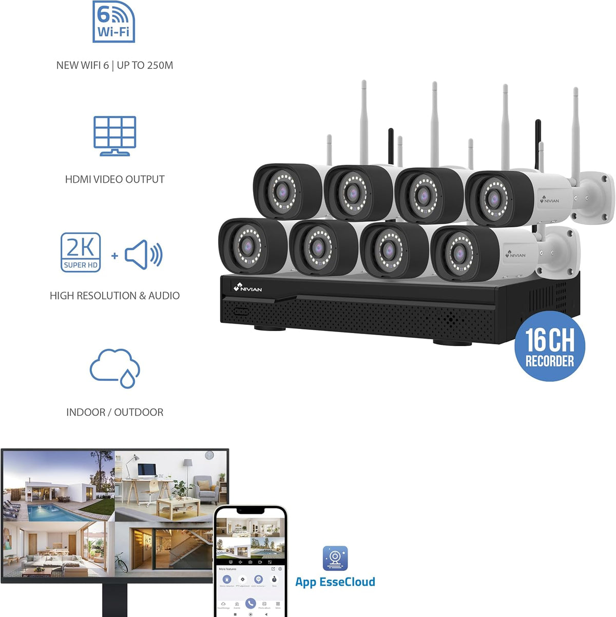 NIVIAN Professionele WLAN-bewakingscameraset, SuperHD met 8 IP-camera's en recorder met harde schijf, 16 kanalen, voor thuis en bedrijf, nachtzicht, menselijke detectie IA, bidirectionele audio