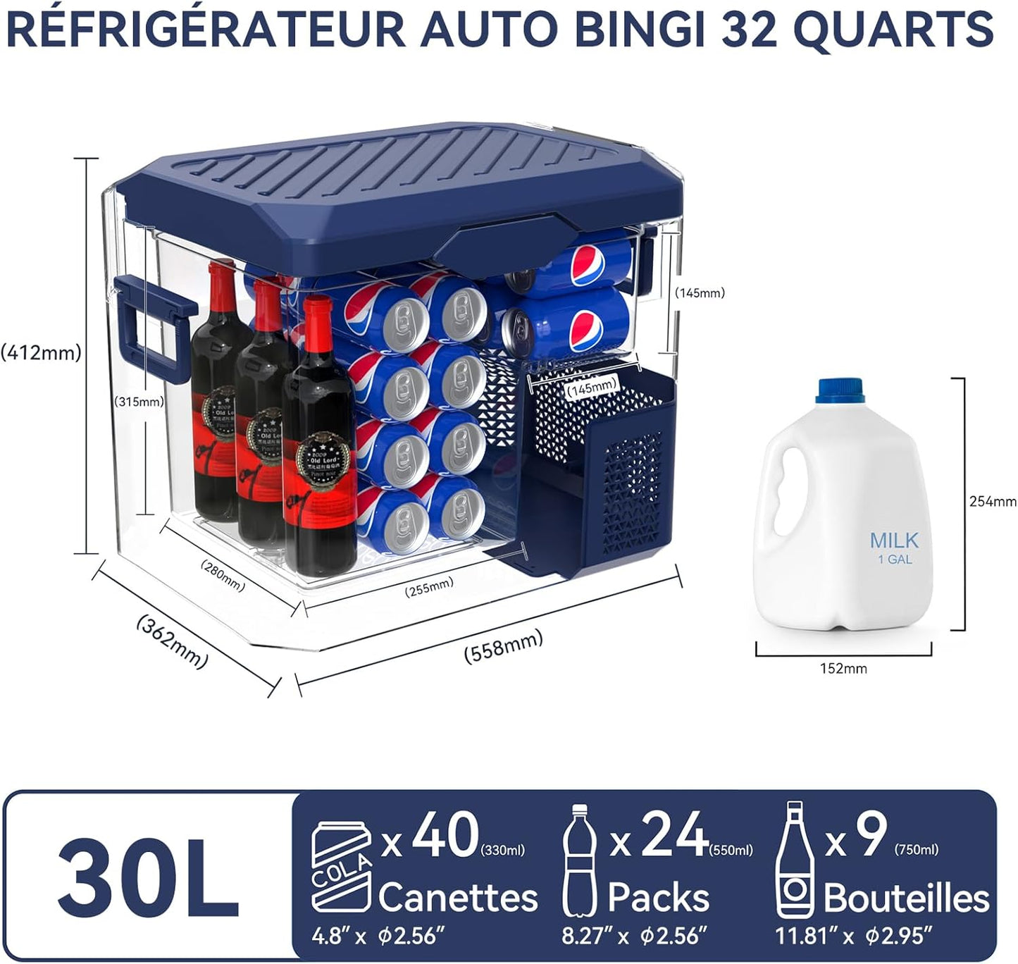 BINGI Compressor Koelbox, 30 Liter Draagbare Auto Koelkast, 12/24 V DC en 230 V AC, Mini-koelkast Voor Auto, Vrachtwagen, Camping, Camper en Thuis