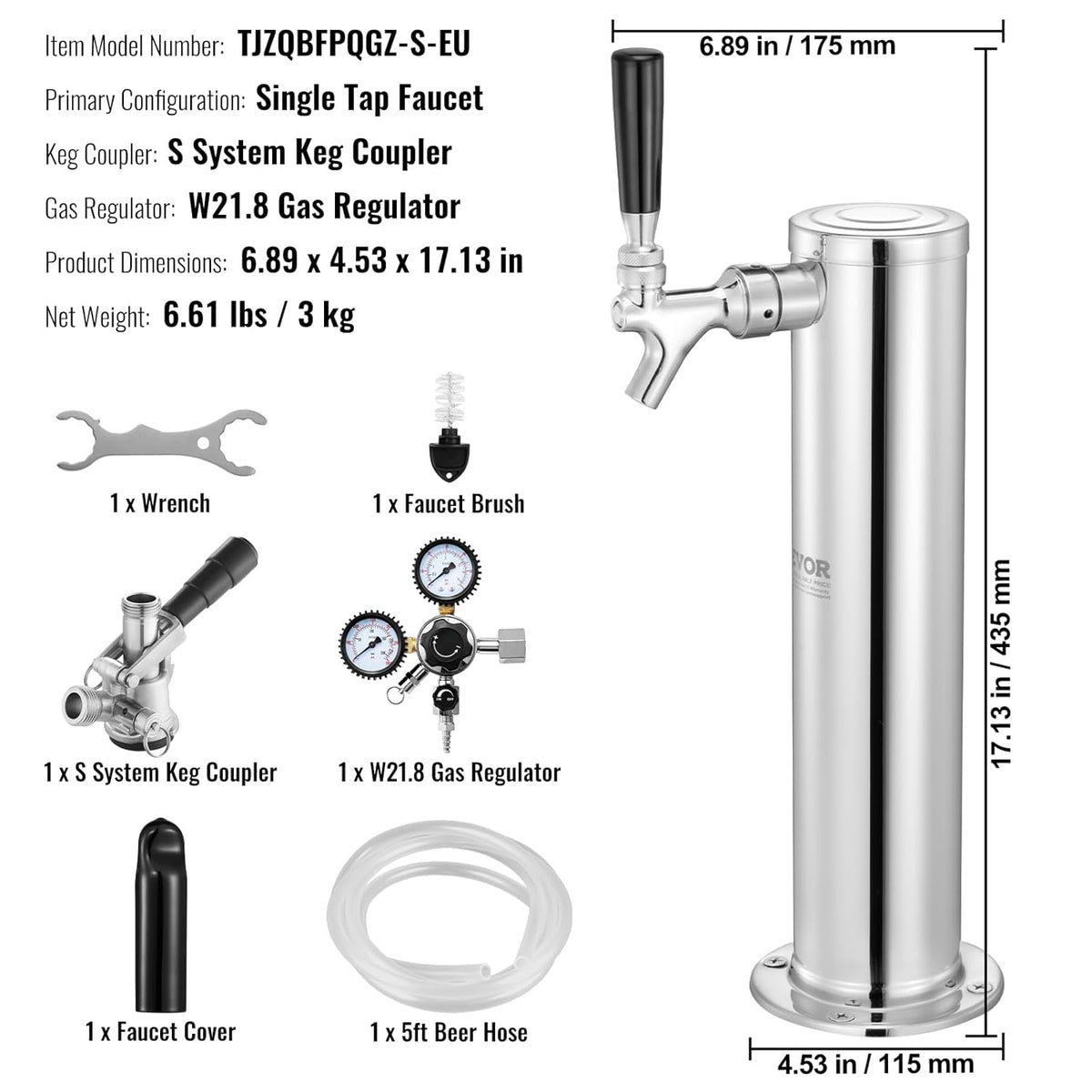 VEVOR Kegerator Tower Kit, Bierconversiekit met één tik, roestvrijstalen vaatje biertorendispenser met dubbele meter W21.8-regelaar en S-systeemvatkoppeling voor feesthuis