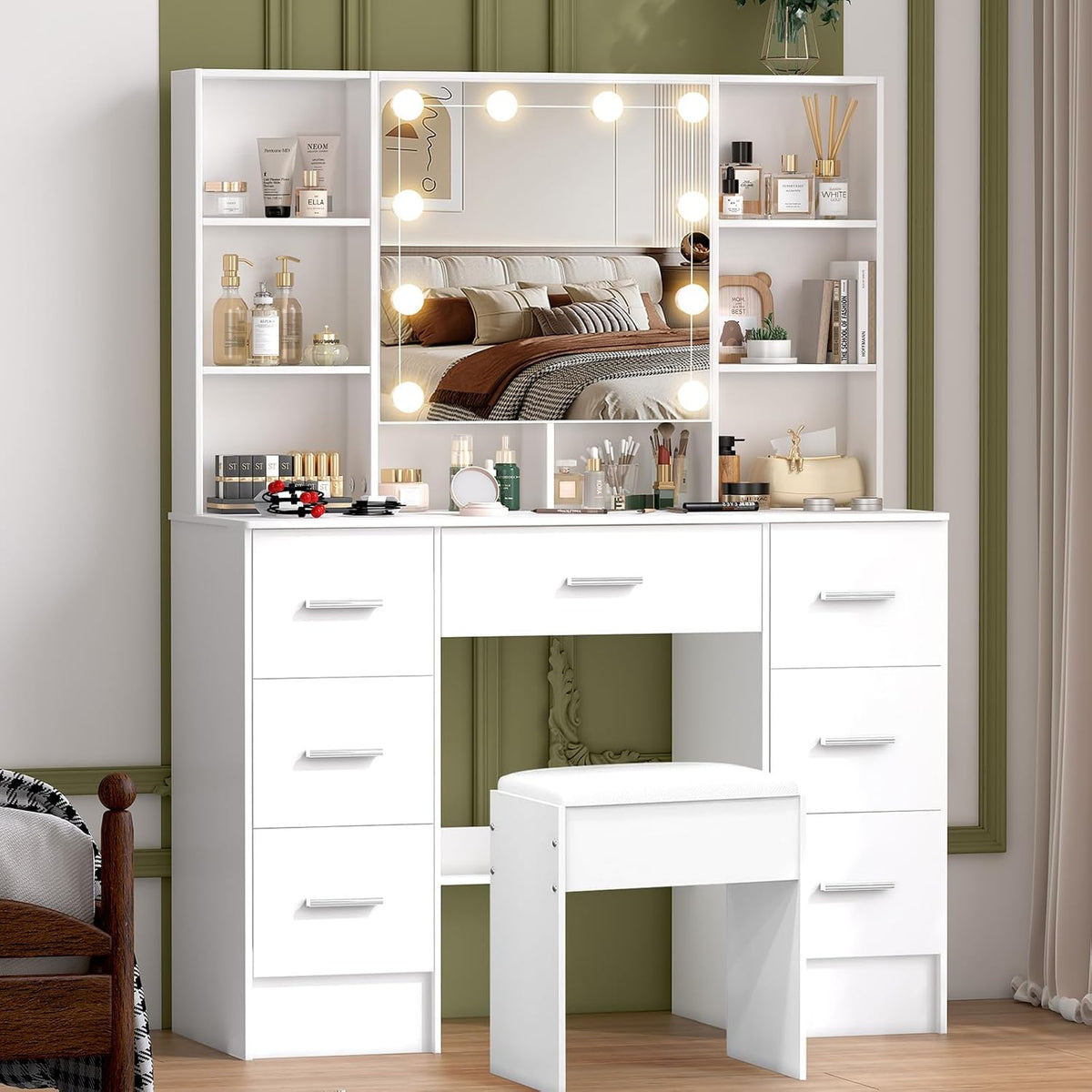 Large Dressing Table with Lights and Stool, 3 Colour Temperatures and Adjustable Brightness, Dressing Table with Mirror for Makeup, Makeup Table with 7 Drawers, Modern, White - QUORE