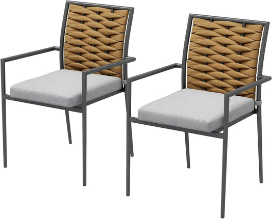 Outsunny 2 Piece Rattan Garden Chair Set with Cushions, Stackable Garden Chair, Balcony Chair for Terrace, Steel, 57 x 58 x 87cm, Grey - QUORE