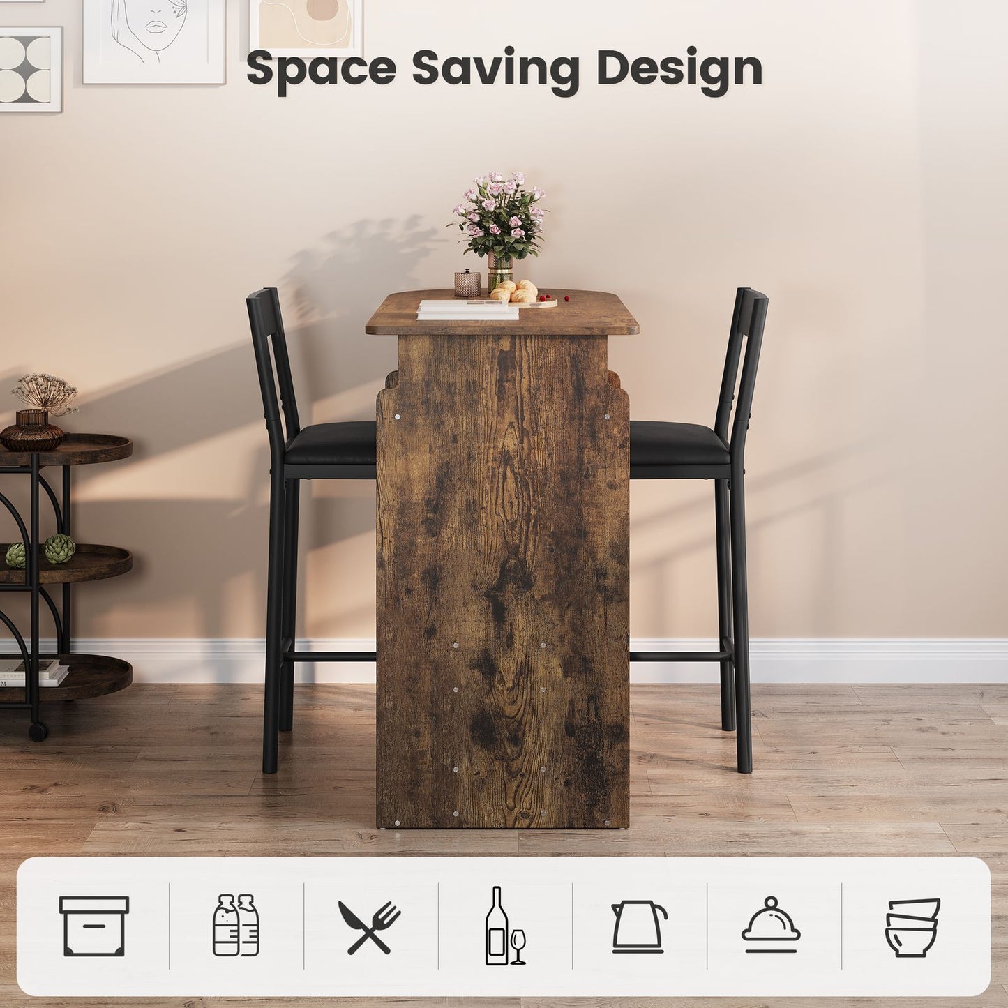Barset voor Twee – Barkrukken Set – Bartafel Compact – Wijnrek Tafel – Glazenhouder – Bruin – Ruimtebesparend Design – Massief Hout en Metaal