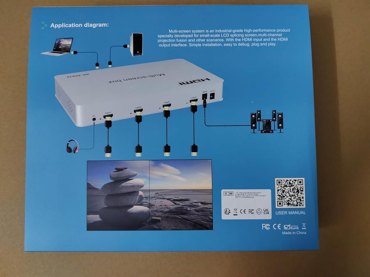 Video Wall Controller 2x2 4K60HZ, HDMI 2.0, 3840x2160@60Hz, 14 modi, remote & RS232-bediening, met out-audio en geheugen