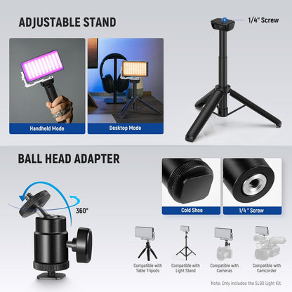 NEEWER Videolamp RGB 12 W, LED-paneel voor streaming, selfie, 2500 K-10.000 K, CRI97+, app/2.4G-bediening, batterij 4300 mAh, bureauhouder voor vlogging, video-opname, podcast, SL90