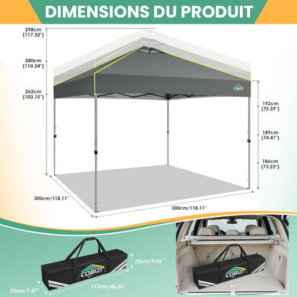 cobizi Paviljoen, 3x3 vouwpaviljoen, waterdicht, winterbestendig, centrale vergrendeling met één knop, partytent, opvouwbaar, anti-uv met fluorescerende strepen, 4 zijwanden, 3 hoogteverstelbaar,