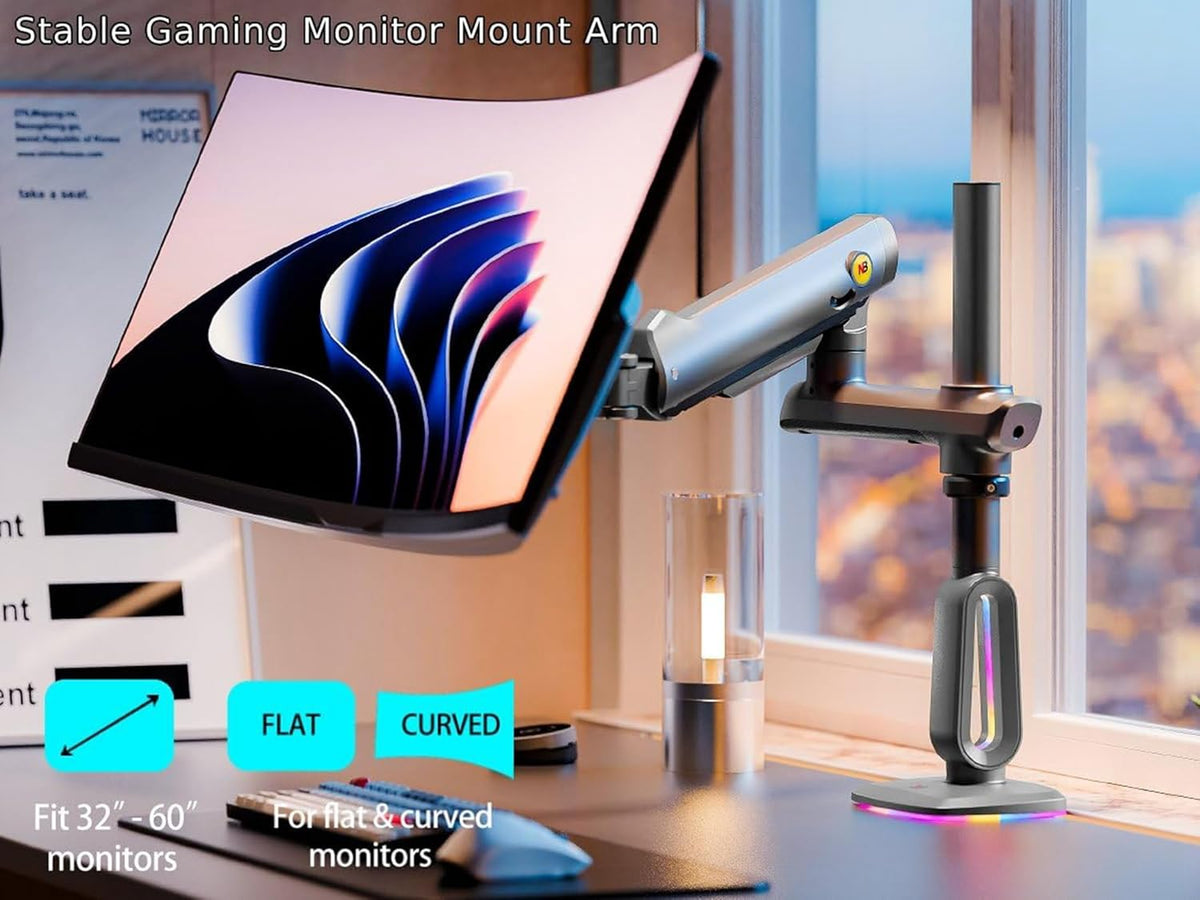 RGB Monitorhouder voor 32 tot 60 inch platte ultrabrede gebogen computerschermen, heavy duty beeldschermstandaard monitor arm 49 57 inch belasting. Max 20 kg, VESA 75 & 100 mm