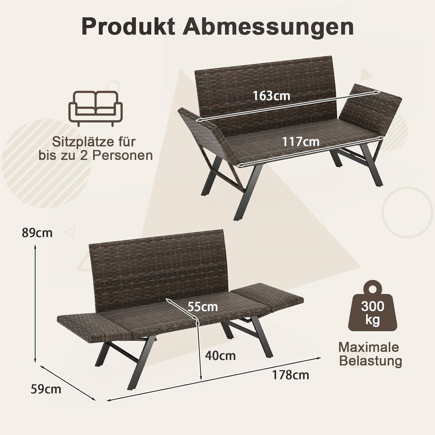 Polyrattan Tuinbank – Tuinbankje – Balkonbank – Buitenbank – Tuinbank Met Verstelbare Armleuningen – Met Sneldrogend Schuimkussen & Verstelbare Rugleuning – 178 x 59 x 89 cm – Grijs