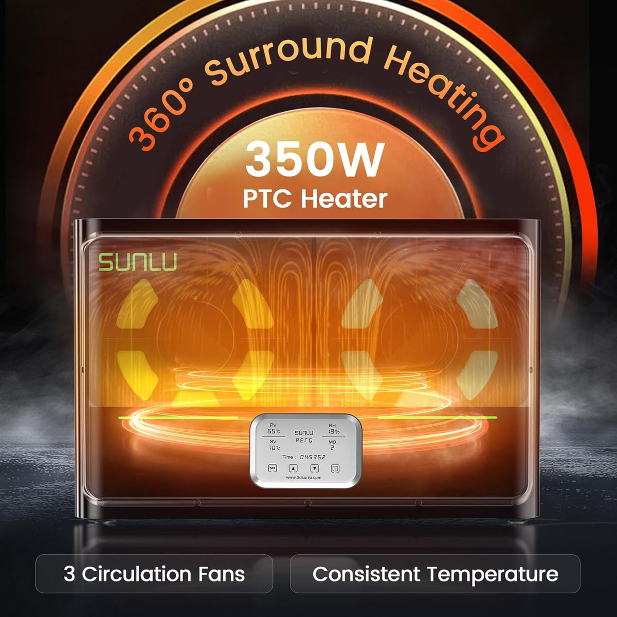 SUNLU Officiël 3D Printer Filament Droger S4, Capaciteit van 4 Spoelen, 3 Circulatieventilatoren, 350W PTC Verwarmer, Maximale Temperatuur 70℃, Intelligente Vochtigheidsregeling, Zwart