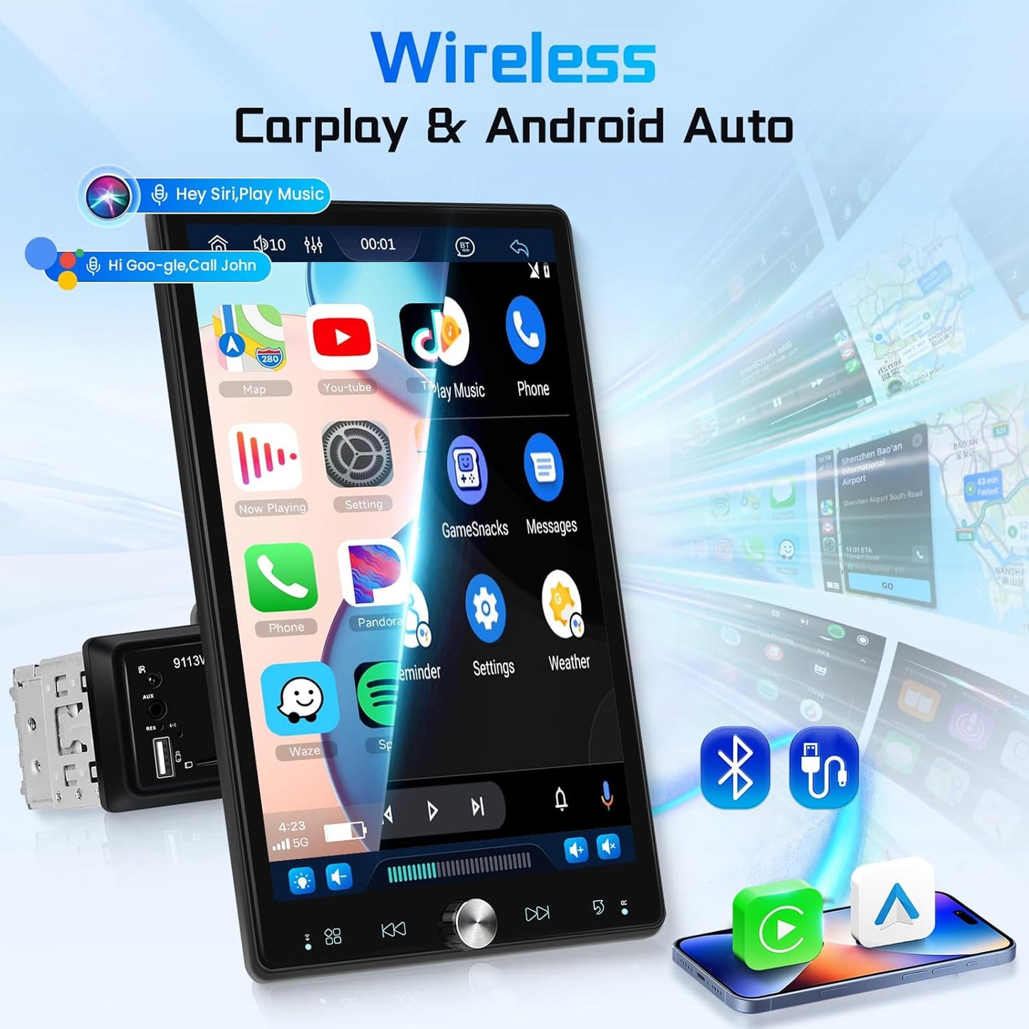 Autoradio, 1 Din met Carplay Android auto, draadloos touchscreen, draaibaar, 10,4 inch stereo, auto, bluetooth radio, FM-spiegel, Link 2 USB-camera