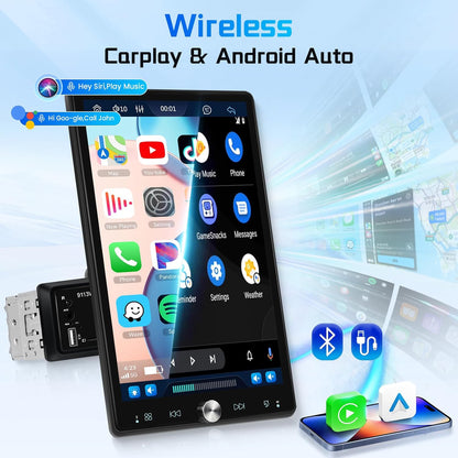 Autoradio, 1 Din met Carplay Android auto, draadloos touchscreen, draaibaar, 10,4 inch stereo, auto, bluetooth radio, FM-spiegel, Link 2 USB-camera
