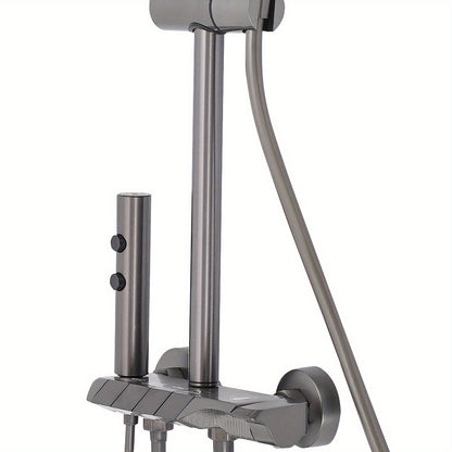 TOOL1SHOOO Modern Wall-Mounted Shower System with 4--1 Spray Functions, Adjustable Temperature Control, & PVD Coated Brass - High-Pressure Rain, Handheld with Pulse/Rain/Mix Modes, Water-Saving Design for Contemporary Bathroo