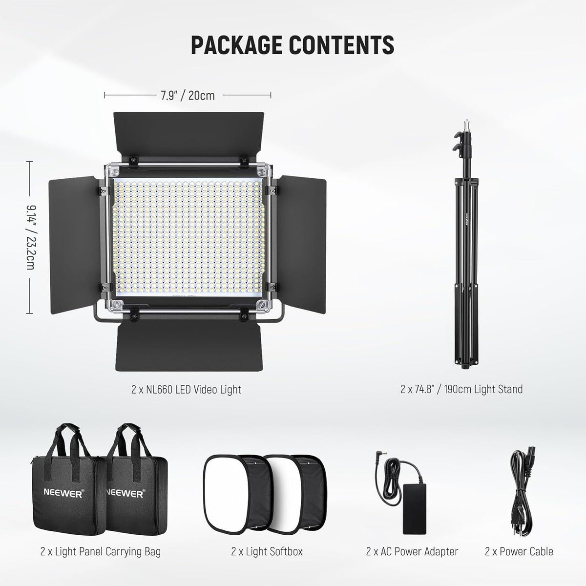 LED-videolichtset 2-delig met statief – Videolamp – Lichtpaneel – Fotolamp – Studiolamp – 3200K-5600K, CRI 96+ – 3300 Lux op 1 m