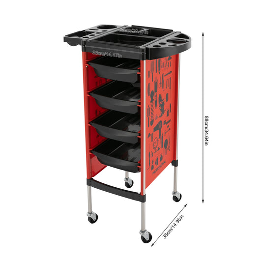 Salonwagen – Kappers Trolley – Werkwagen – Beauty Trolley – Nagelwagen – 5 Lagen Met 4 Laden – Roestvrij Staal & Kunststof – 360° Draaibare Antislip Wieltjes – Zonder Elektriciteit