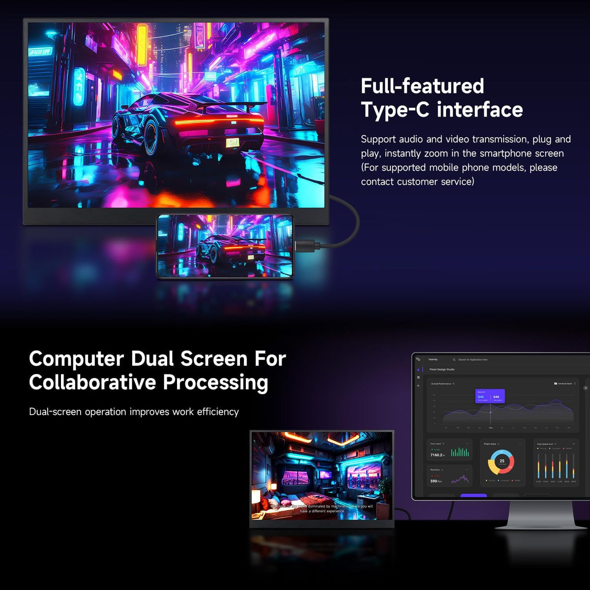 LUCKFOX 14" Portable Monitor with Stand - Plug&Play 1920x1200 WUXGA FHD Ultra Thin/Light USB-C HDMI Second Monitor 178° Viewing Dual-Track HiFi Speaker for Raspberry Pi/Jetson/PC/Game Console/Phone - QUORE