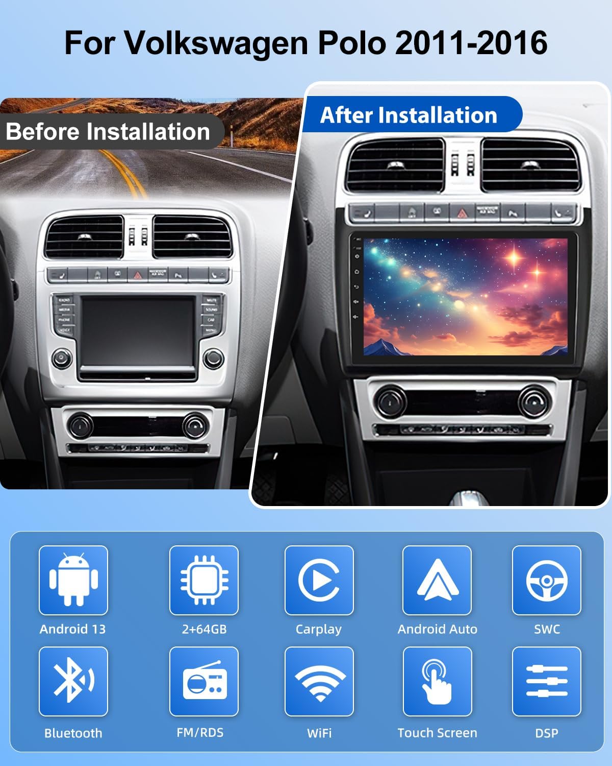NHOPEEW 2G + 64G Android autoradio voor VW Polo 6R 2009-2017 - draadloze Carplay & Android Auto - 9 inch Android Stereo met WiFi EQ GPS Mirror Link FM RDS + AHD achteruitrijcamera en microfoon