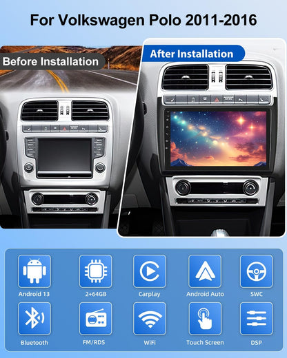 NHOPEEW 2G + 64G Android autoradio voor VW Polo 6R 2009-2017 - draadloze Carplay & Android Auto - 9 inch Android Stereo met WiFi EQ GPS Mirror Link FM RDS + AHD achteruitrijcamera en microfoon