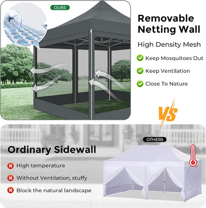 TOOLUCK Heavy Duty pop-up luifeltent met 4 zijwanden, commercieel tuinhuisje, feesttent met klamboe, muur, eenvoudig op te zetten, outdoor instantschermtent voor achtertuin, terras, tuin, grijs