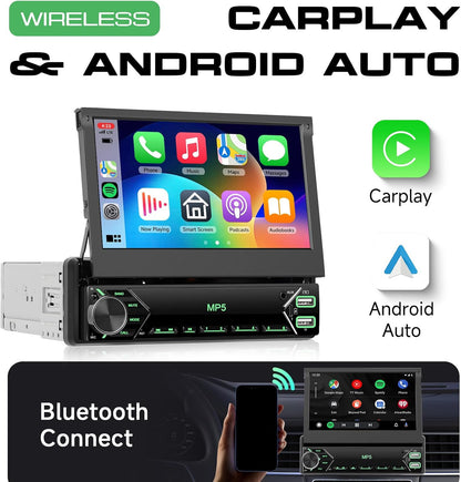 Hodozzy DAB Car Radio 1 Din with 7 Inch Screen Extendable 1 Din Flip Out Touch Screen Car Radio with CarPlay Wireless Android Car Bluetooth EQ FM Radio USB Type C SWC + Rear View Camera - QUORE
