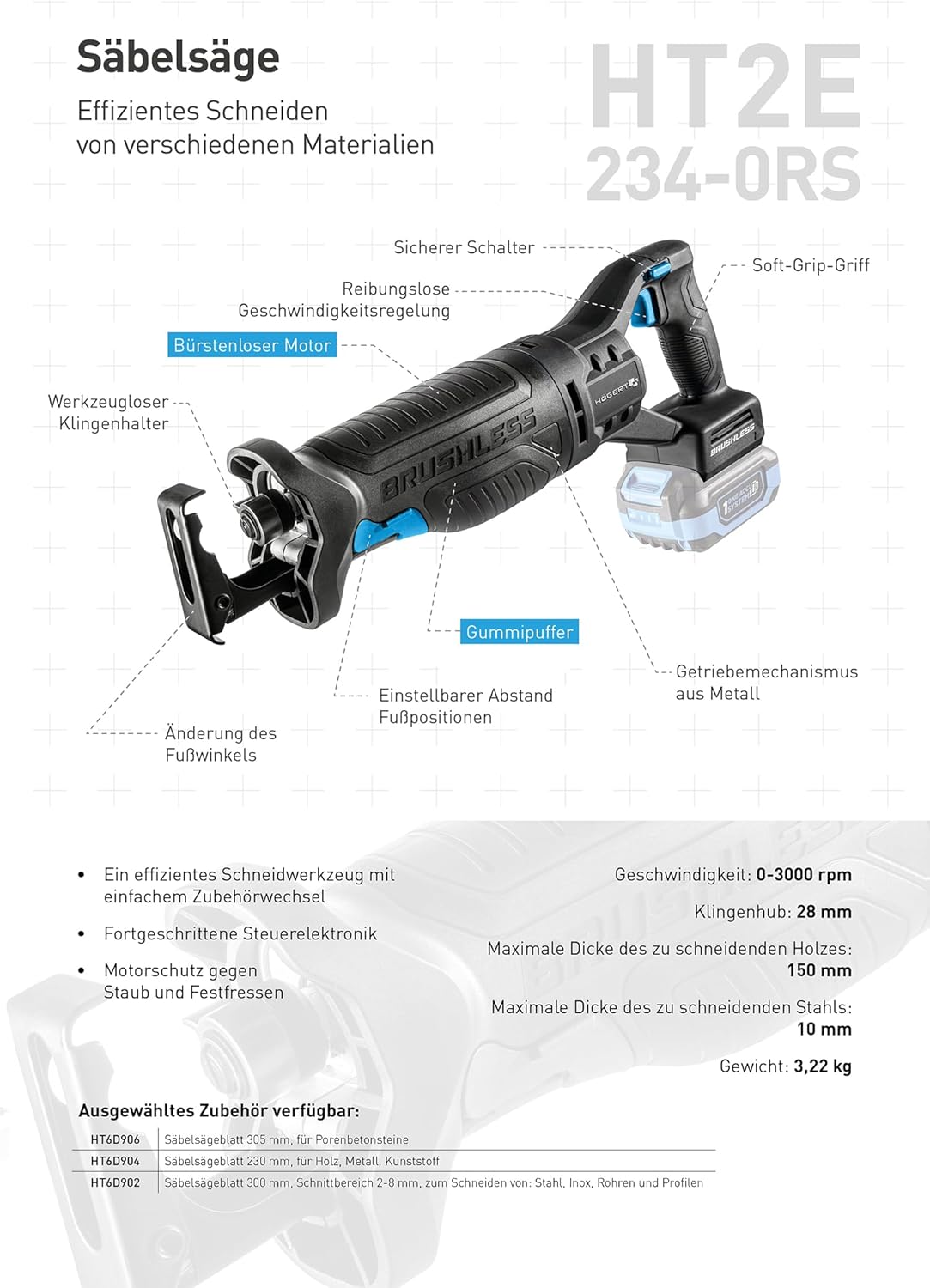HÖGERT TECHNIK Accu-reciprozaagset, 18 V borstelloos, incl. 4,0 Ah accu en snellader, 0-3000 omw/min, 28 mm zaagbladslag, metalen transmissie, anti-vibratiegreep + PROMO 2,0 Ah accu