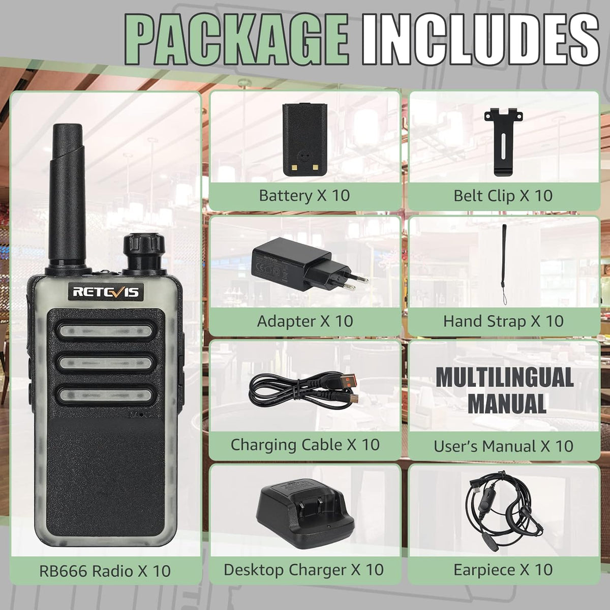Retevis RB666 Walkie Talkie Professional, PMR446 Draadloze Kloon Portofoon Oplaadbare Snellader, VOX Draagbare Walkietalkie met Oortjes voor School, Hotel (10 Stuks, Zwart)