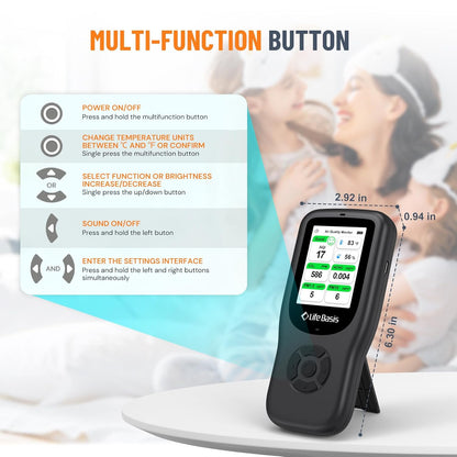 LifeBasis 10-in-1 luchtkwaliteitsdetector, formaldehyde-detector, AQI-vervuilingsmonitor met temperatuur en luchtvochtigheid, voor het testen van PM2.5/PM10/HCHO/TVOC/CO2, USB-opladen, voor thuis en