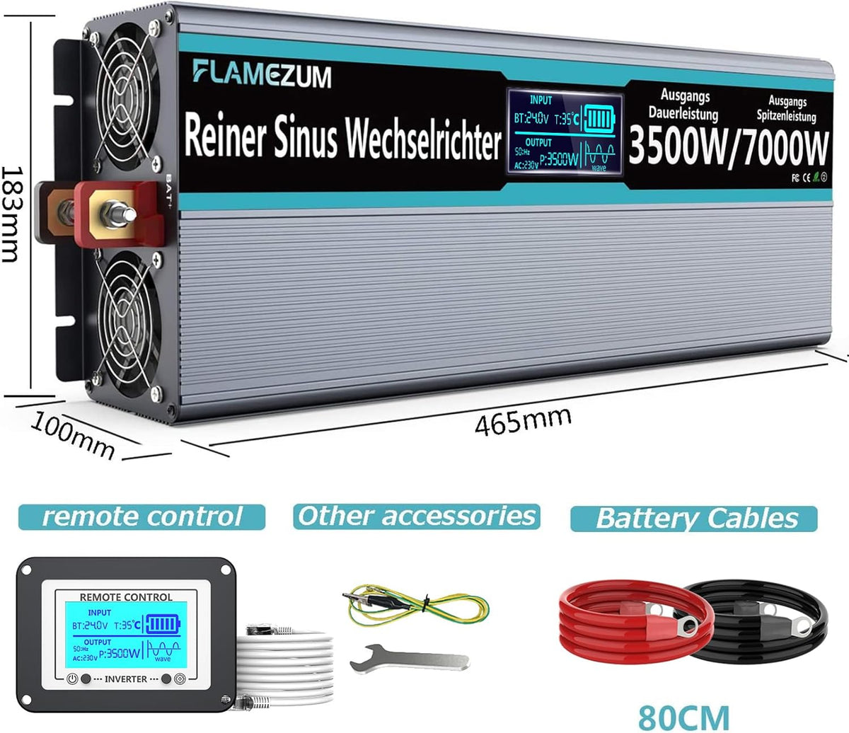 3500W Zuivere Sinus Omvormer 24V naar 230 V Spanningsomvormer Power Omvormer Converter met LCD-scherm,Afstandsbediening,2 EU AC-Stopcontacten & 2 USB-poorten Voor Auto, Caravan,Boot, Camping