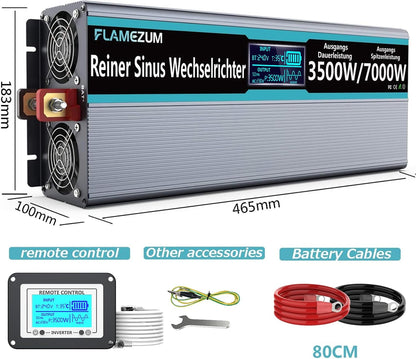 3500W Zuivere Sinus Omvormer 24V naar 230 V Spanningsomvormer Power Omvormer Converter met LCD-scherm,Afstandsbediening,2 EU AC-Stopcontacten & 2 USB-poorten Voor Auto, Caravan,Boot, Camping
