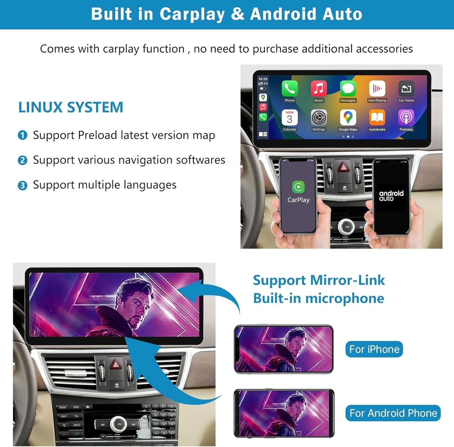 Autoradio 12,3 Inch Touchscreen – Multimedia Systeem – Navigatie Systeem – Inbouwradio – Carplay Android Auto – Draadloze Apple CarPlay – MirrorLink Ondersteuning