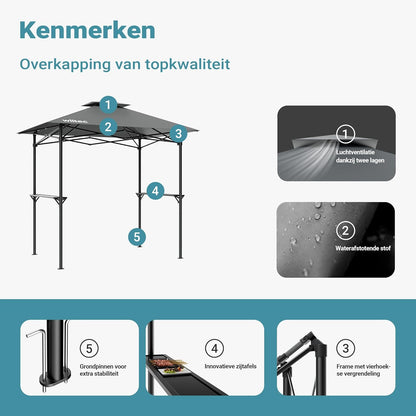 Wiltec BBQ-paviljoen barbeque grillpaviljoen rookafvoer met 2 platen, 2,45 x 1,52 m grijs