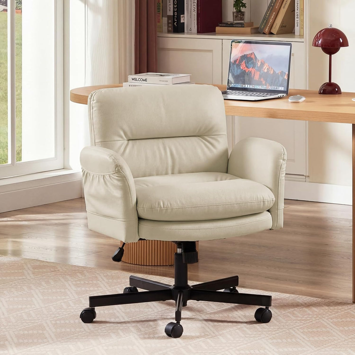 Bestier Bureaustoel met gevoerde zitting, in hoogte verstelbare armleuningen, draaistoel met wielen voor thuiskantoor, commode, make-uptafel, wit
