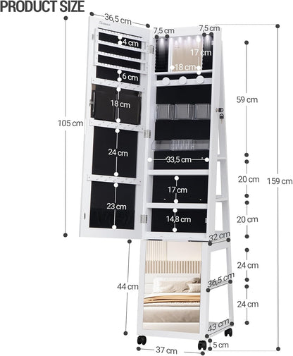 Hzuaneri JC35303BV1 6 LED Jewellery Cabinet, 159 cm High, Standing Jewellery Cabinet Organiser, Lockable in Full Length, Mirror with 4 Wheels, Large 5 Layer Jewellery Rack, White