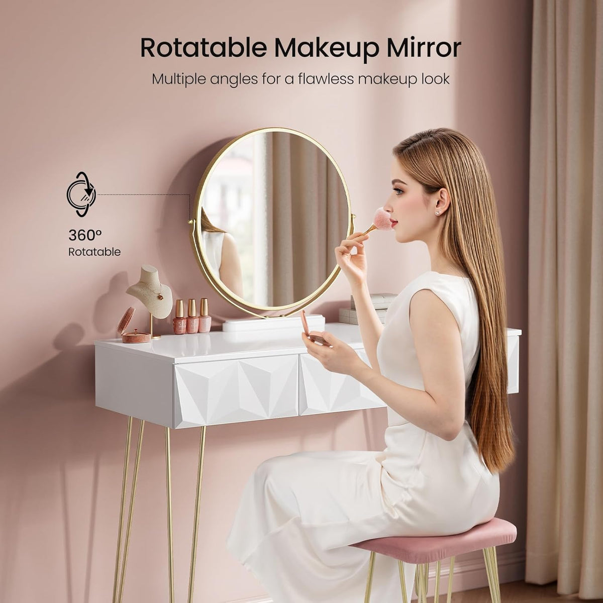 Eugad Dressing Table with Stool and Mirror, 360° Rotatable, Makeup Mirror, Dressing Table with 3 Drawers, Padded Velvet Stool, 3D Effect Drawer, White and Gold - QUORE